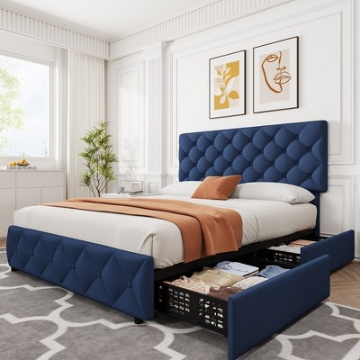 Whizmax Queen Size Bed Frame with 4 Storage Drawers, Faux Leather Upholstered Platform Bed Frame with Adjustable Headboard, No Box Spring Needed