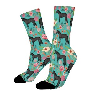 Horses Floral Vintage Turquoise Women Printed Crew Socks Funny Funky Socks Soft Polyester Novelty Gifts for Artists Men - 1 of 1