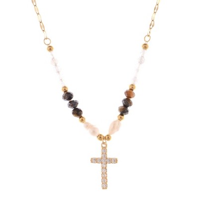 Anna-Kaci Beaded Cross Pendant Necklace with Faceted Stones and Gold Chain - Ivory