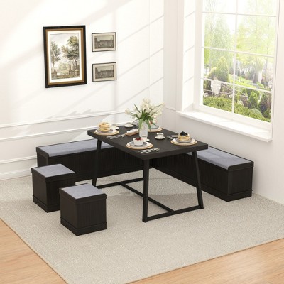 Brafabhome 6 PCS Dining Table Set with Storage Bench, Modern Corner Breakfast Nook with Cushions Stool for 6, Suitable for Kitchen and Dining Room