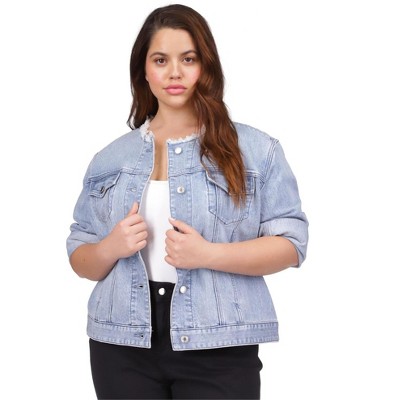 Michael Kors Womens Collarless Frayed Denim Jean Jacket