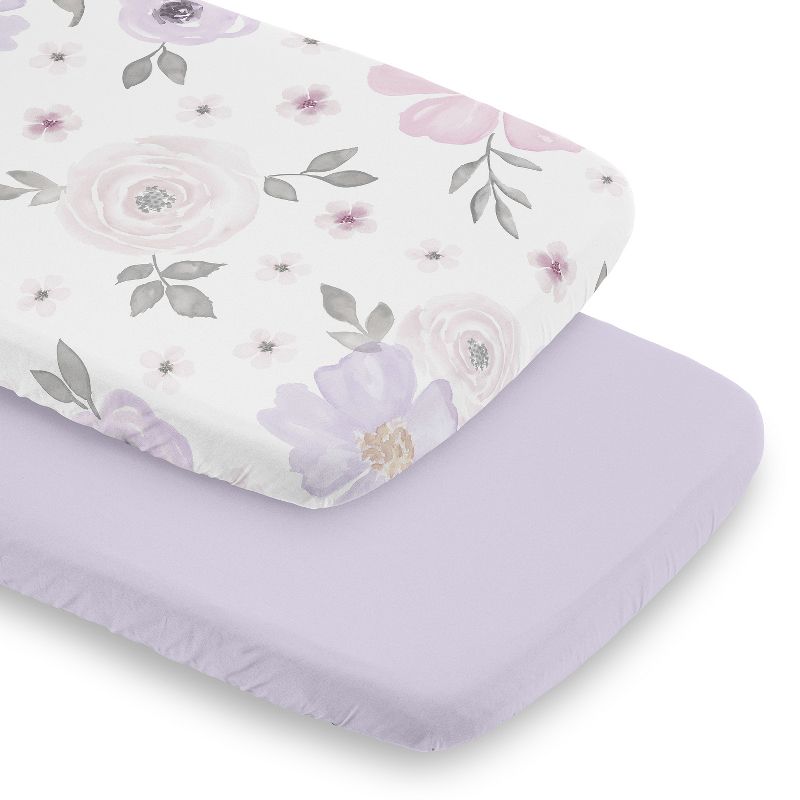 Sweet Jojo Designs Girl Baby Bassinet Fitted Sheets Set Watercolor Floral Purple Pink and Grey 2pc, 1 of 7