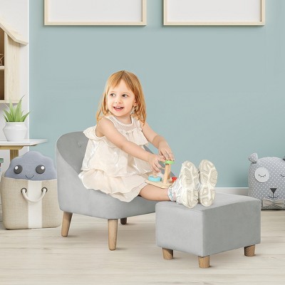 Gray Velvet Kids Sofa Chair and Ottoman Set with Wood Legs