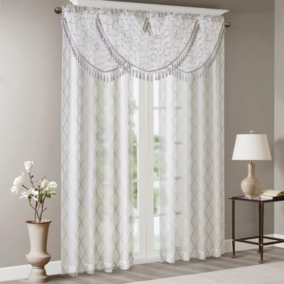 Sill Length White/Grey Embroidered Sheer Waterfall Valance
