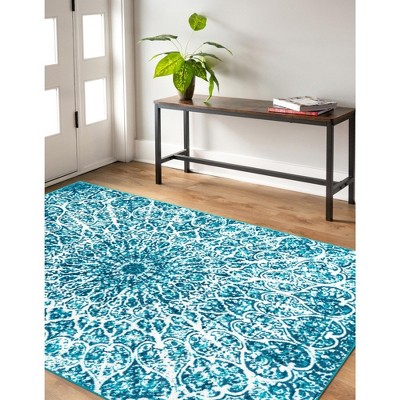 Turquoise and Ivory Rectangular Stain-Resistant Area Rug