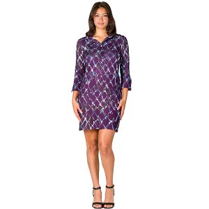 24seven Comfort Apparel Purple Geometric Print Three Quarter Sleeve Collar Mini Dress - 1 of 4