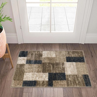 Beige and Blue Geometric Synthetic Area Rug, 2'x3'