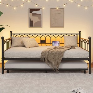 Garvee Twin Daybed with Trundle,Day Bed with LED Lights & Charging Station, Metal Bed Frame with Pull Out Trundle for Living Room, Small Spaces - 1 of 4
