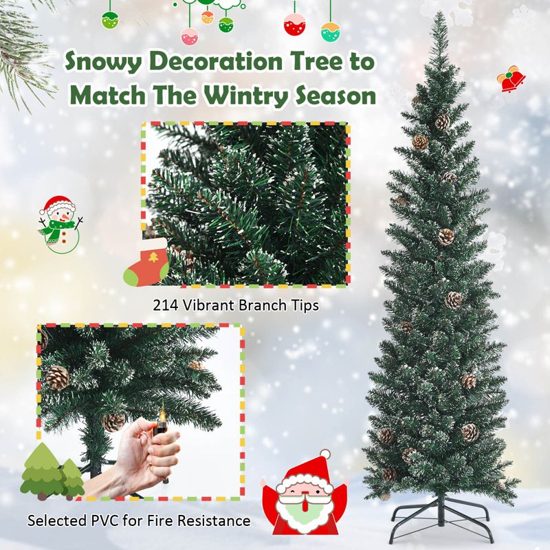 Tangkula 5/6/7FT Slim Pencil Tree Snowy Artificial Christmas Tree with 214/267/351 PVC Branch Tips & 25/31/41 Pine Cones Full Holiday Decoration Tree for Xmas, 3 of 11