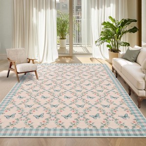 Washable Rug Colorful Floral Butterflies Living Room Rug Low Pile Ultra Soft Foldable Non Slip Carpet Stain Resistant Non Shedding Thin Floor Cover - 1 of 4
