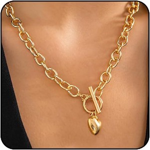 Chunky Heart Statement Necklace for Women, Big Puffy Heart with Chunky Chain - 1 of 4
