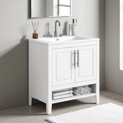 30" White Bathroom Vanity with Sink, Freestanding Solid Wood and MDF Cabinet with 2 Drawers, Doors, Open Shelf & Ceramic Top