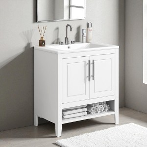 30" White Bathroom Vanity with Sink, Freestanding Solid Wood and MDF Cabinet with 2 Drawers, Doors, Open Shelf & Ceramic Top - 1 of 4