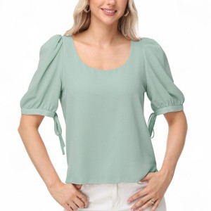 Anna-Kaci Women's Short Puff Sleeve Blouse with Scoop Neckline and Tie Cuff Detail for a Feminine Everyday Look - 1 of 4