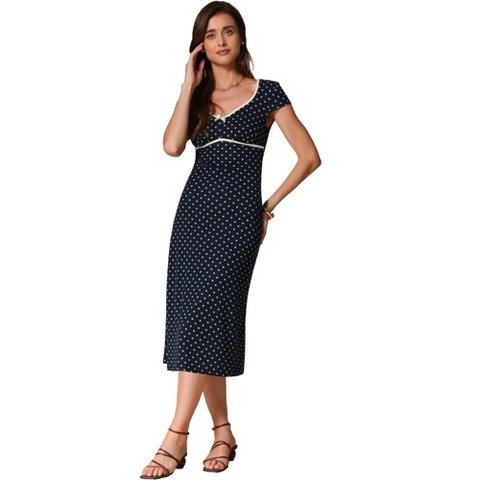 Женские платья INSPIRE CHIC Women's V Neck Cap Sleeve Polka Dots Summer Vintage Classic Midi Dress Small Dark Blue