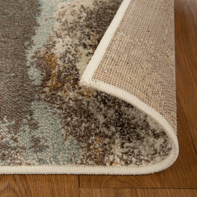 Camel and Blue Abstract Synthetic Runner Rug, 2'7" x 8'
