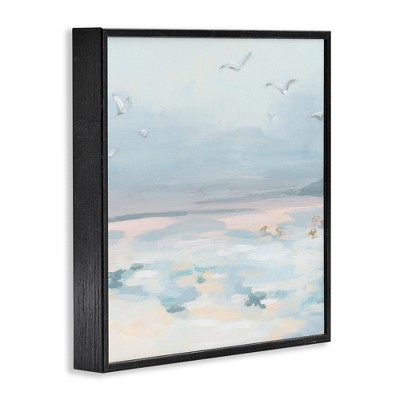 Pastel Coastal Landscape with Seagulls Canvas Print in Black Frame, 12" x 12"