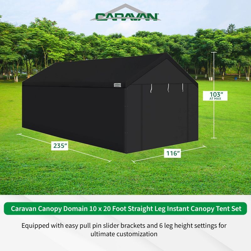 Caravan Canopy Domain 10 x 20' Outdoor Steel Straight Leg Instant Pop-Up Canopy Tent Set with Foot Carport Tent Sidewalls, Black, 3 of 8