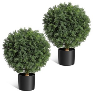 17in Artificial Cedar Topiary Trees (2-Pack) - UV Resistant Faux Plants in Black Nursery Pots for Indoor/Outdoor Porch & Home Decor - 1 of 4