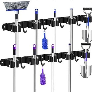 Racxily 2-Pack Wall Mounted Metal Mop & Broom Holder ¨C Tool Storage Rack with 4 Slots & 5 Hooks, Black - 1 of 1