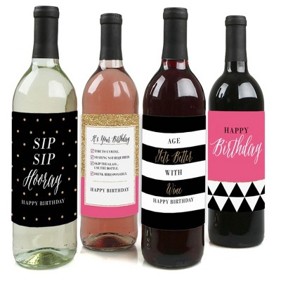 Big Dot of Happiness Chic Happy Birthday - Pink, Black and Gold - Birthday Gift For Women - Wine Bottle Label Stickers - Set of 4