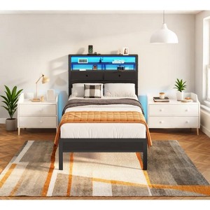 Furnulem Twin Bed Frames with Charging Station and LED Lights, Wood Headboard with 2 Fabric Drawers and Storage Shelves - 1 of 4