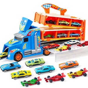 Joyfy Kids Toy Truck Playset, 5FT Race Track with 12 Die-Cast Cars, Racing Car Set Toy Hauler Truck with Lights & Sounds for Boys & Girls Ages 3-5 - 1 of 4