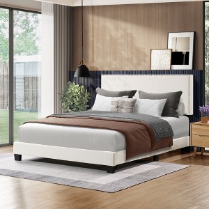 Okak Queen/Full Primary Bedroom Bed Frame with Upholstered Headboard & Nailhead Trim,Modern Platform Bed No Box Spring Needed - 1 of 4