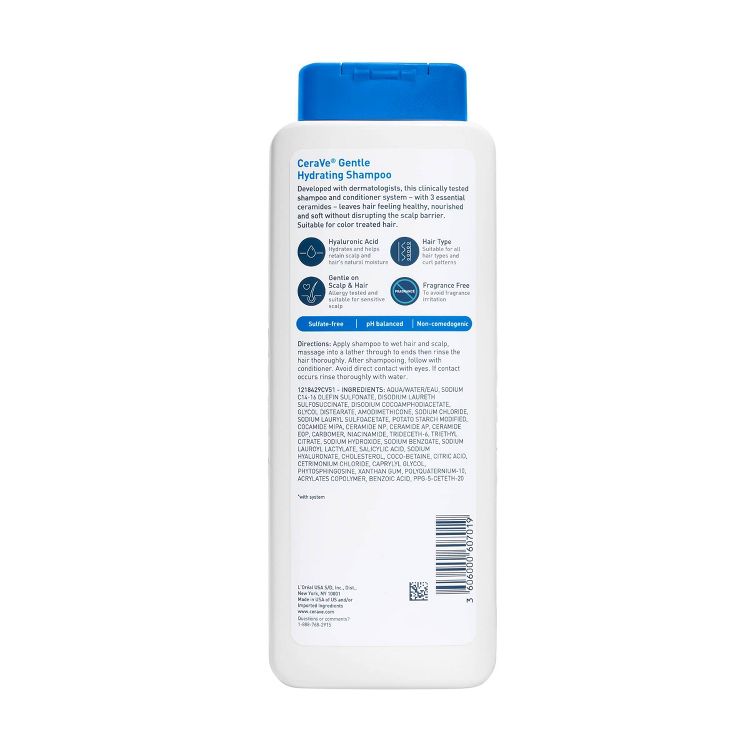 White bottle of CeraVe Gentle Hydrating Shampoo with a blue cap, featuring text about its benefits and ingredients on the label.