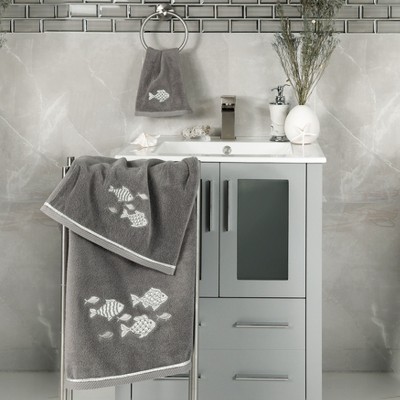 Charcoal Turkish Cotton Embroidered Fish Fingertip Towel Set