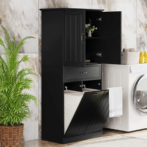 ORRD Bathroom Storage Cabinet with Two Laundry Baskets, Storage Cabinet with Doors and Drawer for Home, Black - 1 of 4