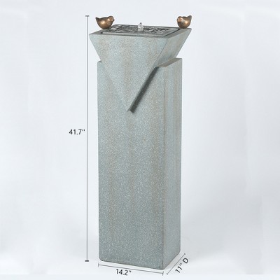 Patina Gray Resin Pillar Fountain with Bronze Birds and LED Lights