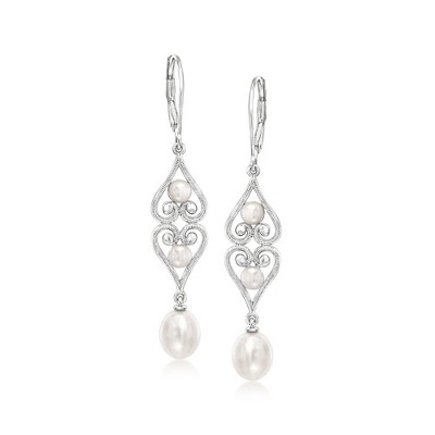 Ross-Simons 4-7.5mm Cultured Pearl Scrolled Heart Drop Earrings in Sterling Silver