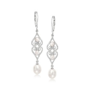 Ross-Simons 4-7.5mm Cultured Pearl Scrolled Heart Drop Earrings in Sterling Silver - 1 of 3