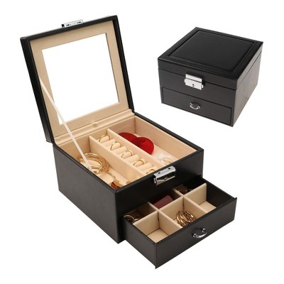 Unique Bargains 2 Layers PU Leather Jewelry Box with Drawer and Mirror