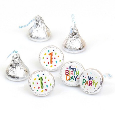 Big Dot of Happiness 1st Birthday - Cheerful Happy Birthday - Colorful Party Round Candy Sticker Favors - Labels Fit Hershey's Kisses (1 sheet of 108)