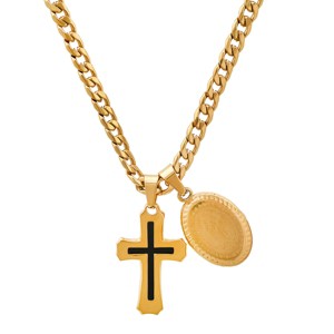 Steeltime 24" Men's 18k gold plated stainless steel and black enamel cross & Guadalupe oval pendants - 1 of 4