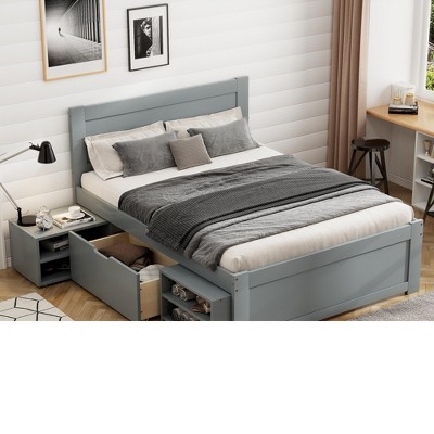 Twin/Full Size Wood Platform Bed With Drawer and Two Storage Shelves 4O - ModernLuxe