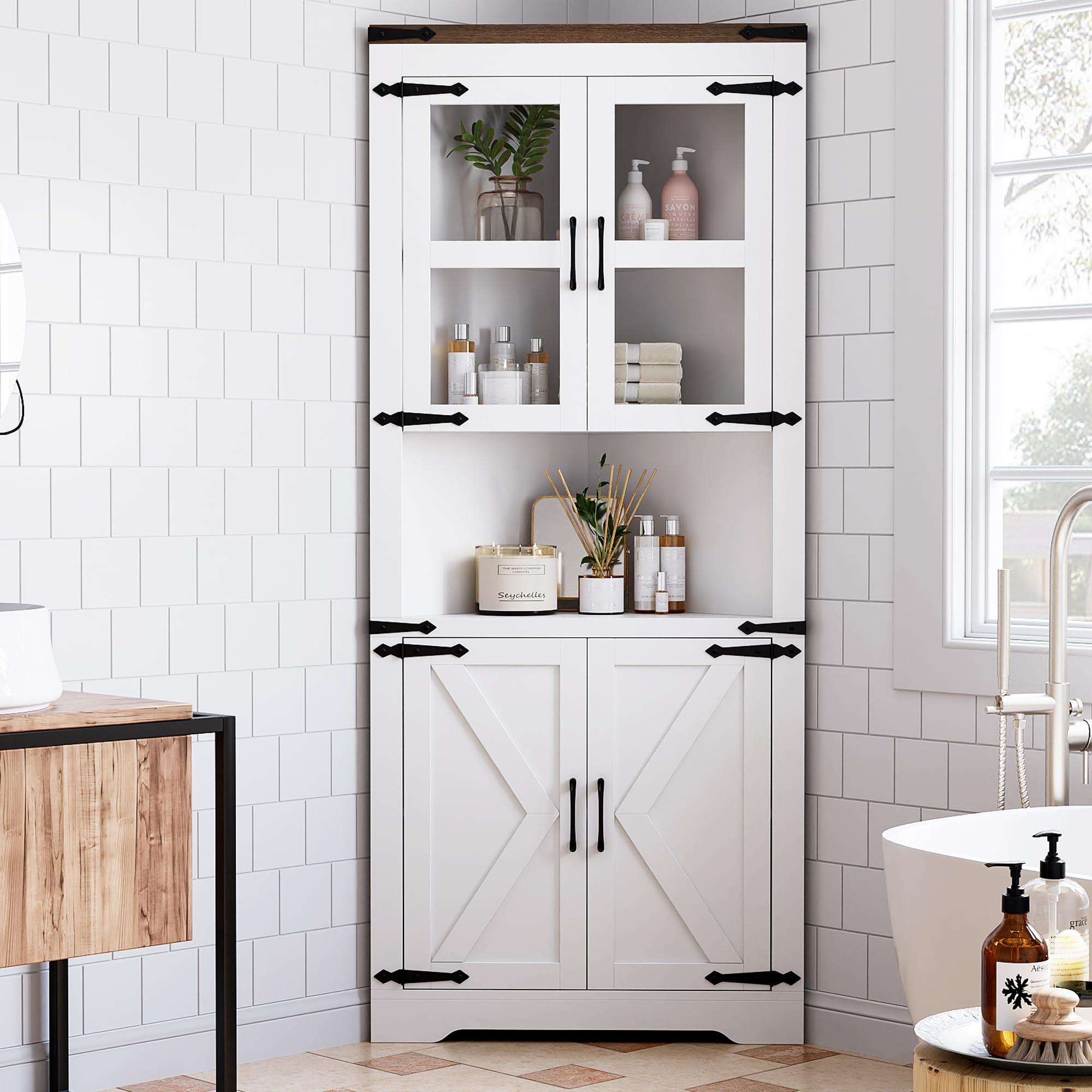 Garvee Farmhouse Corner Cabinet, Tall Corner Storage Cabinet with Glass Door & Adjustable Shelves, Bathroom Cabinet for Living Room, Bathroom, White
