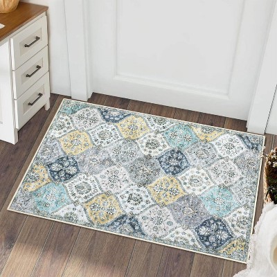 Washable  Area Rug, Non-Slip TPR Backing, Stain Resistant, Vintage Floral Design, Foldable Low Pile Accent Carpet for Living Room & Bedroom