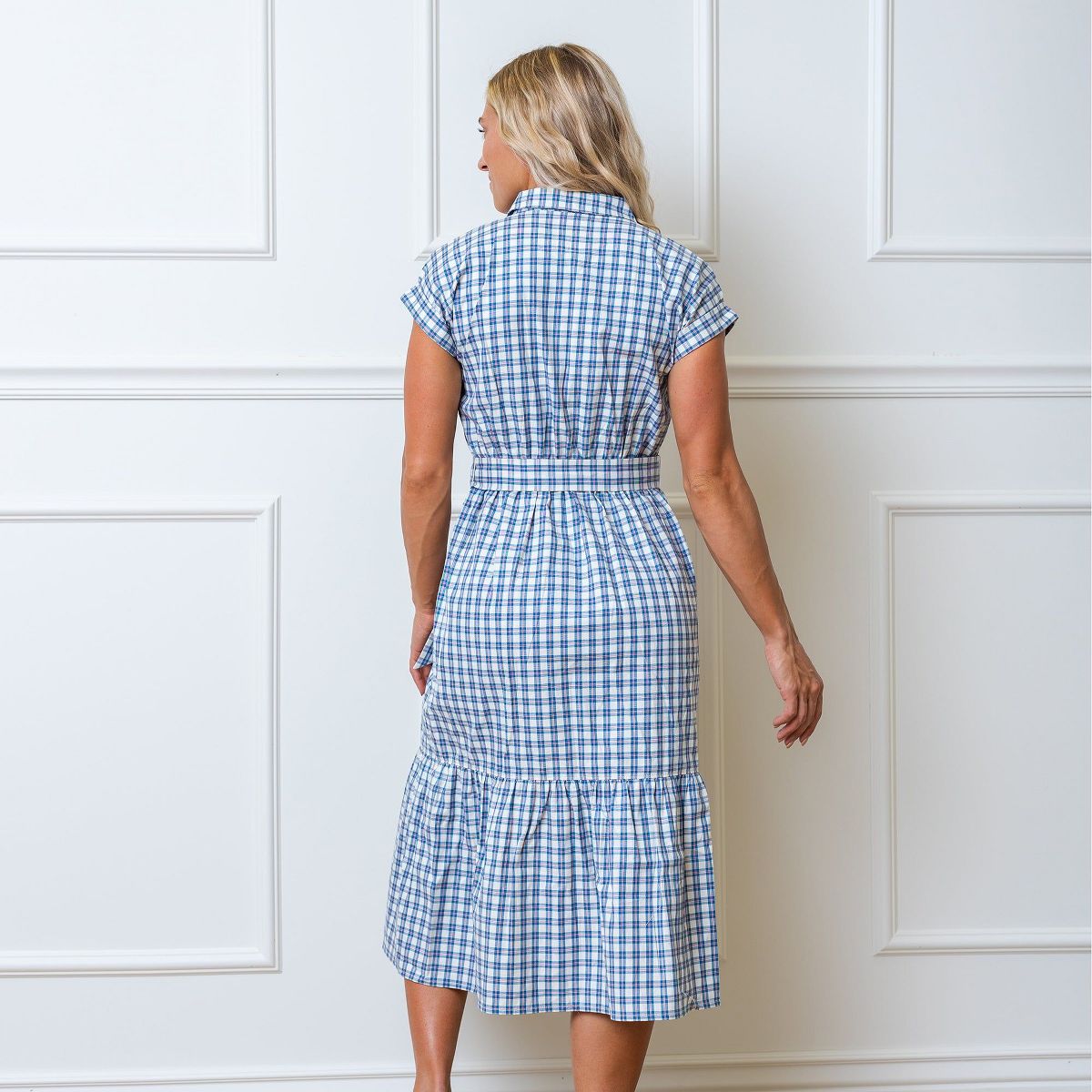Hope & Henry Womens' Short Sleeve Button Front Tiered Maxi Dress with Waist Sash - thumbnail 5