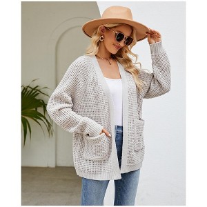 Women's V Neck Mid-Length Knit Cardigan Pocket Detail Open Front Sweater Coat - 1 of 3