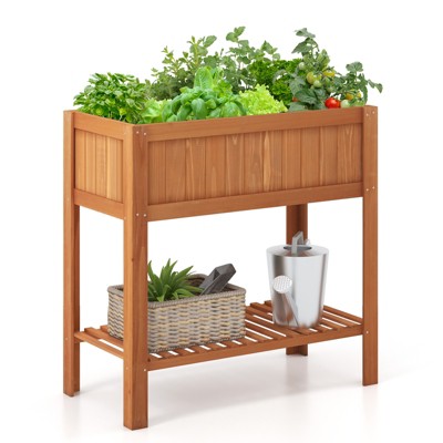 Tangkula Garden Bed Natural Solid Wood Growing Planter with Protective Liner, Elevated Planting Stand for Backyard