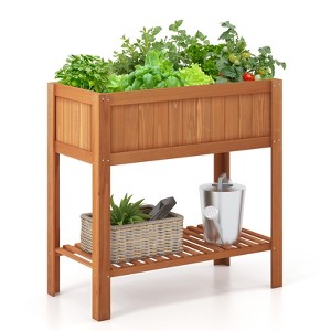 Tangkula Garden Bed Natural Solid Wood Growing Planter with Protective Liner, Elevated Planting Stand for Backyard - 1 of 4