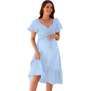 Clearlove Womens Maternity Summer Dresses Short Sleeve V Neck Button Down Smocked Casual Ruffle Midi Boho Dress - Light blue,M
