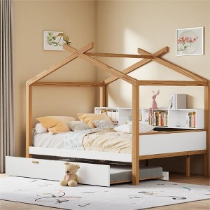 Merax Wooden House Bed with Bookshelf Storage & Pull-Out Twin Trundle - 1 of 4