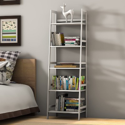 KTMBDW Ladder Bookshelf Shelf, 5 Tier Bamboo Bookcase, Modern Open Book Case Display for Bedroom, Living Room, Home Office