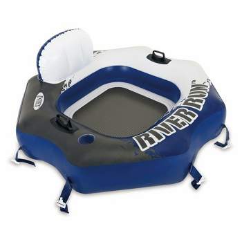 Intex River Run Single Person Inflatable Connecting Floating Lounge Tube Backrest Chair with Built-In Cupholders and Mesh Bottom, Blue