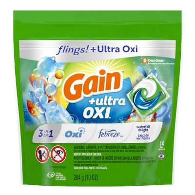 Gain flings Ultra Oxi Laundry Detergent Pacs, 14 Count, Waterfall Delight Scent, 3-in-1, HE Compatible