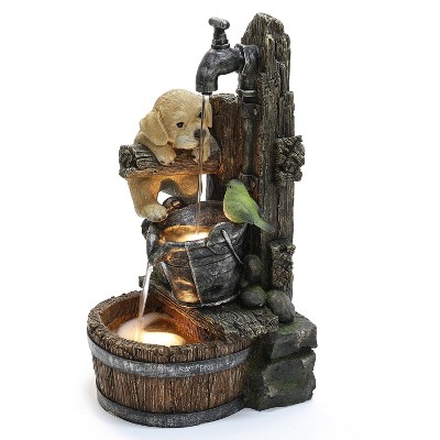 LuxenHome 24" Puppy and Bird Resin Water Fountain Outdoor with Barrel and LED Lights, Small Garden Waterfall Indoor and Outdoor Use Brown